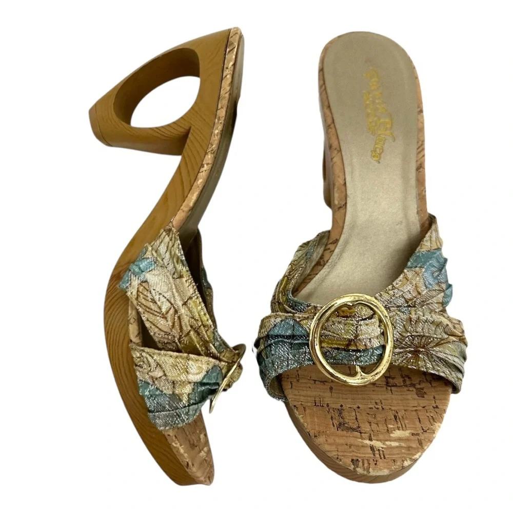 Petals Bling Jacquard Cork-Look Platform Mules Gold Ring Y2K Size 7